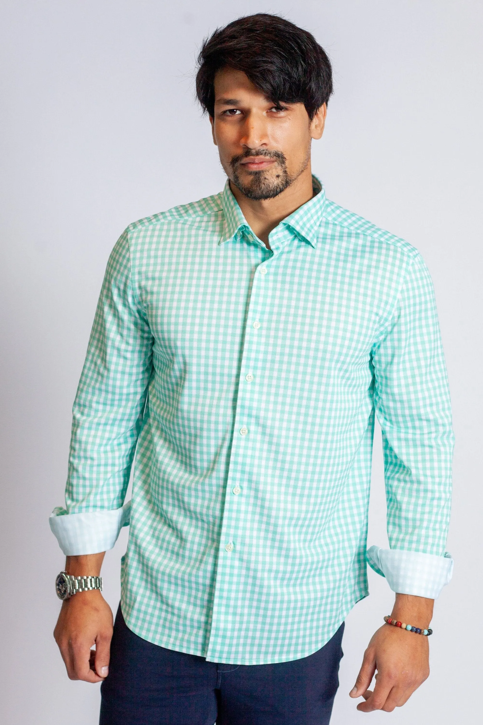 Mauro Long Sleeve Check Tech Shirt - Emerald