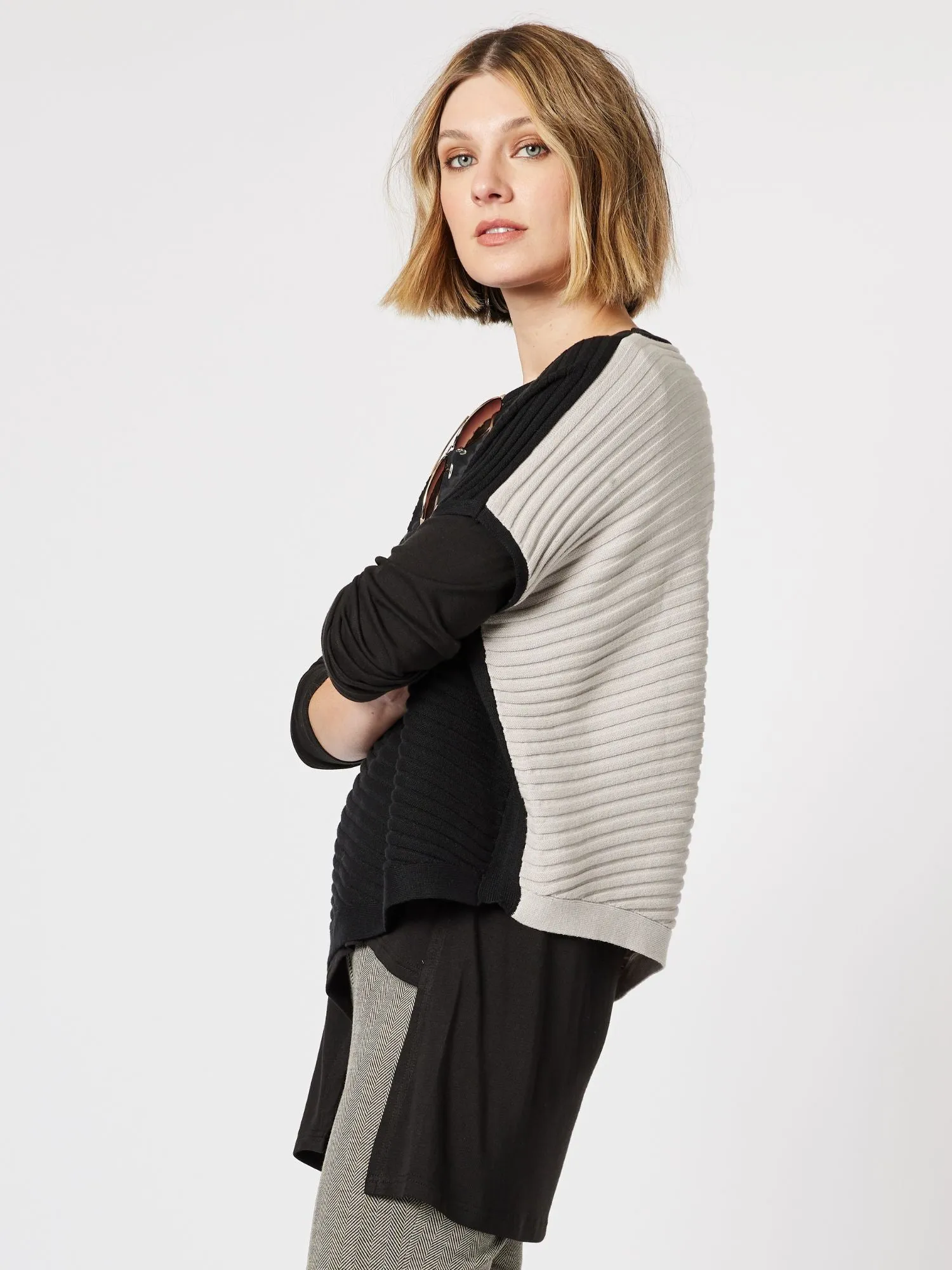 Monochrome Asymmetric Knit Top - Black/Oatmeal