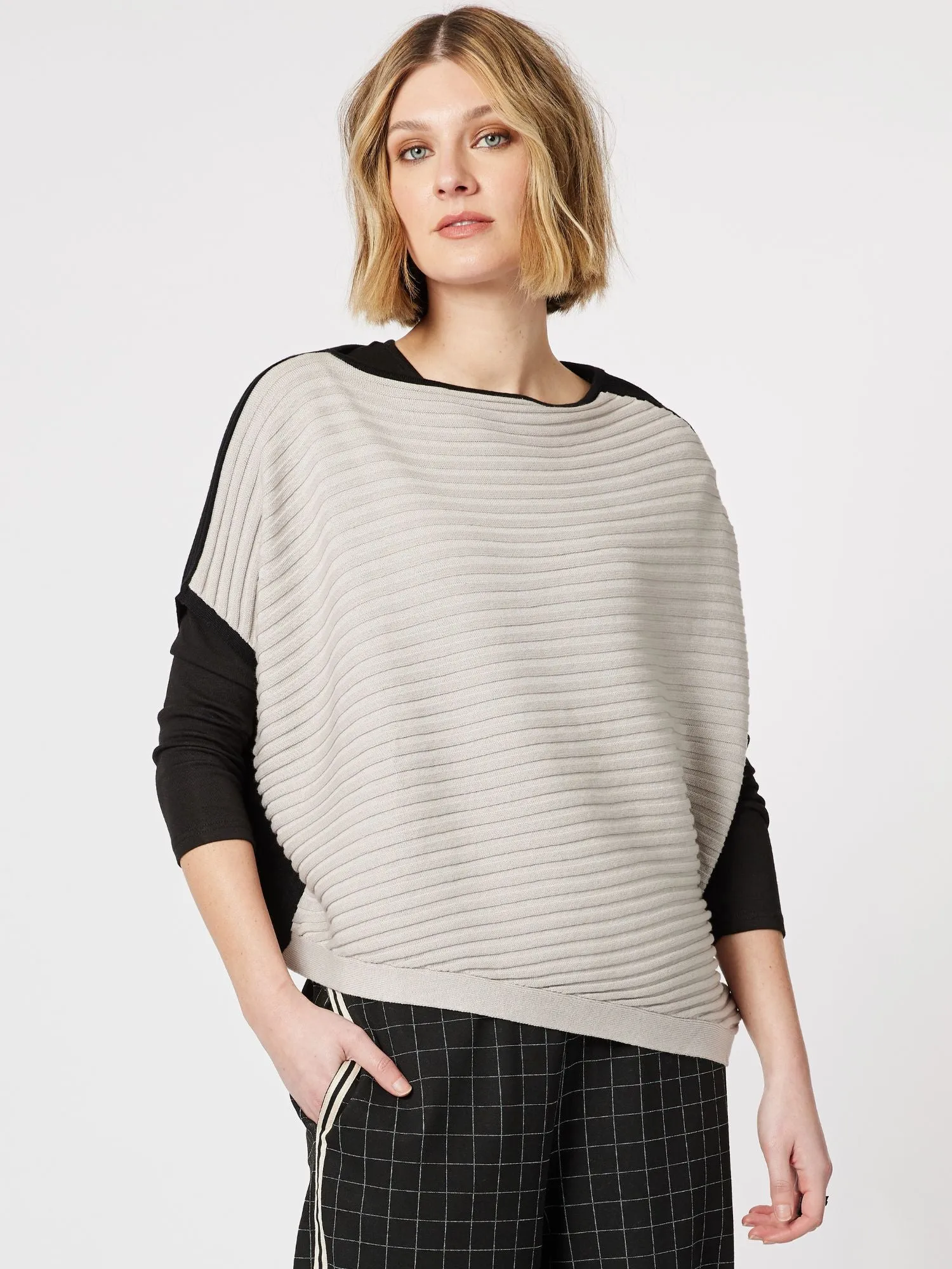 Monochrome Asymmetric Knit Top - Black/Oatmeal