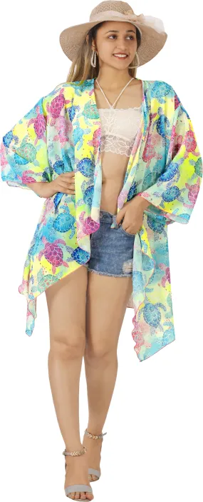 Multi Color Sheer Turtle Printed Short Kimonos For Women