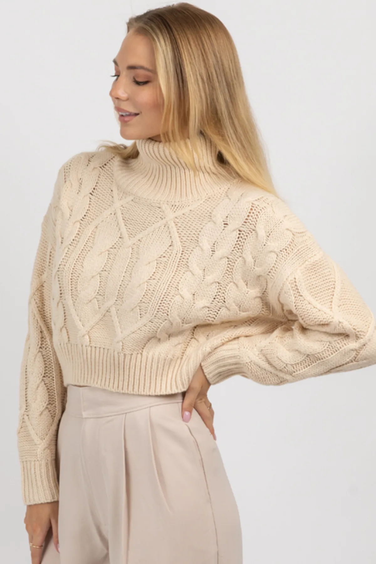 NEUTRAL CABLEKNIT TURTLENECK CROP SWEATER