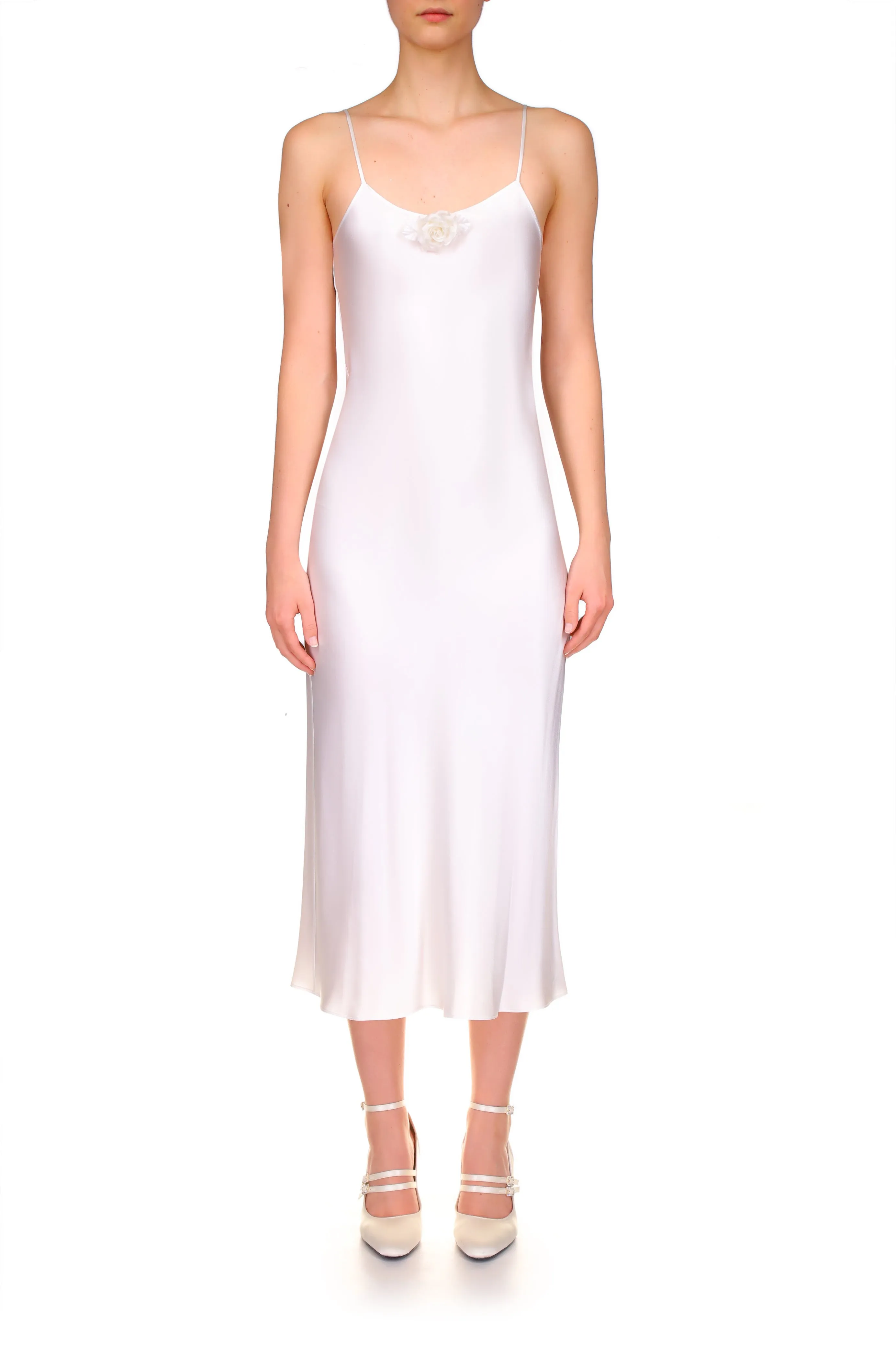 Off White Silk Satin Bias Slip With Silk Flower