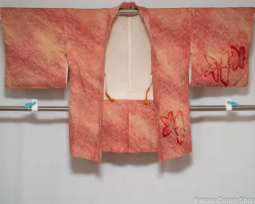 Orange and Red Shibori Haori - Vintage Silk Kimono Jacket - Tie Dye Patterns Kanoko Deer Fawn Spots - Pieces of Bamboo Stalks with Leaves