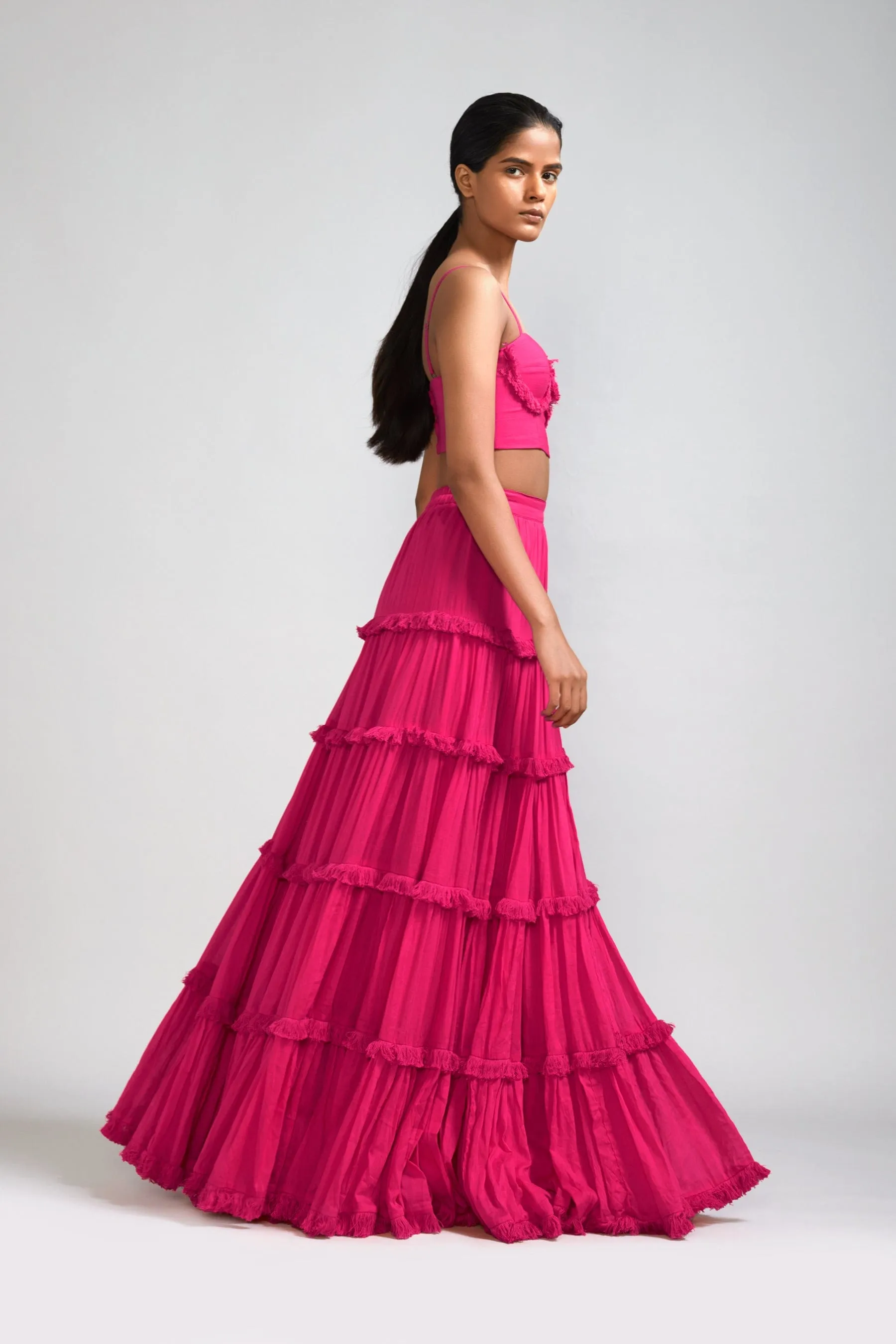 Pink Fringed Tiered Lehenga