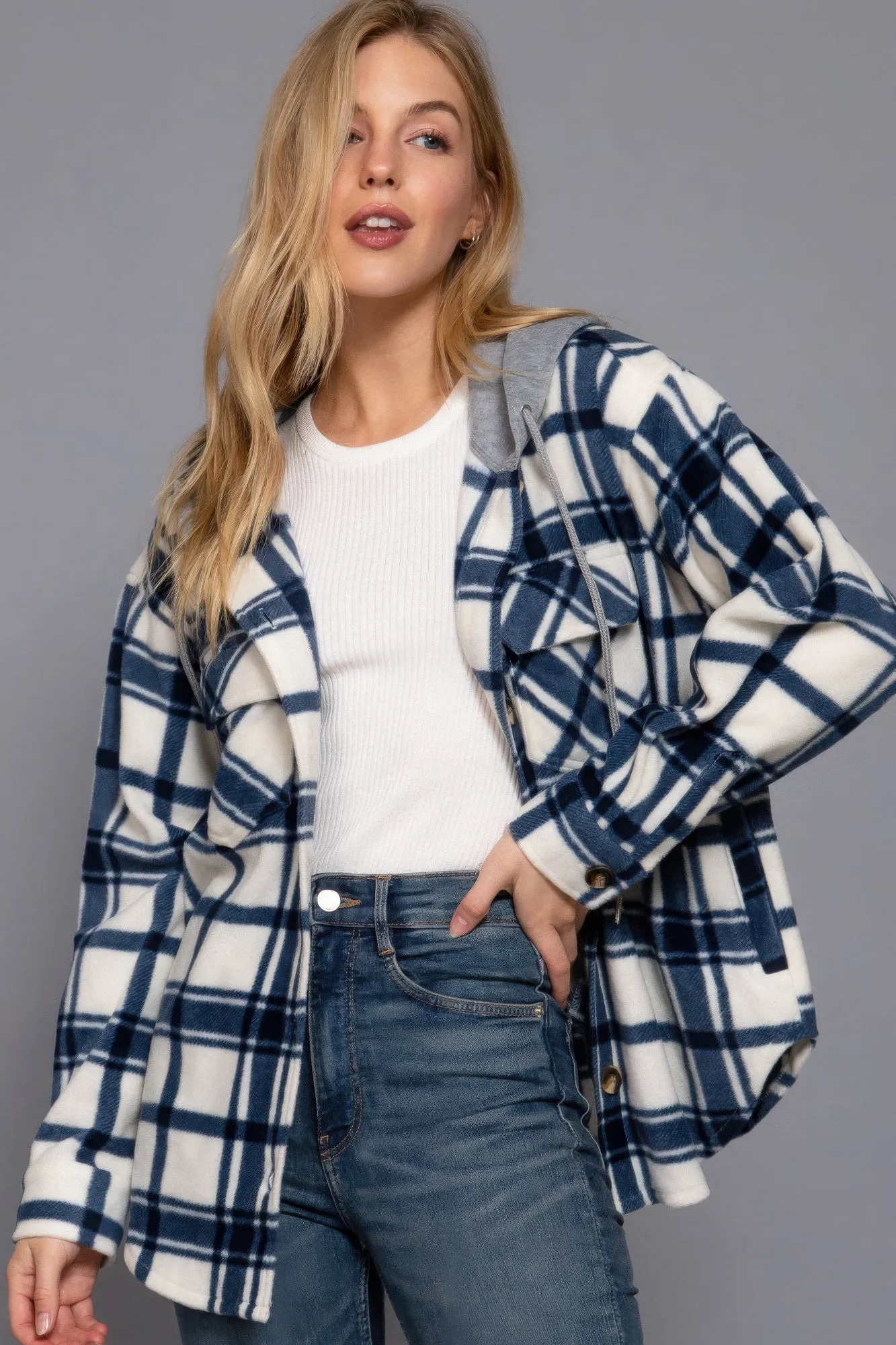 Plaid Print Hoodie Fleece Jacket