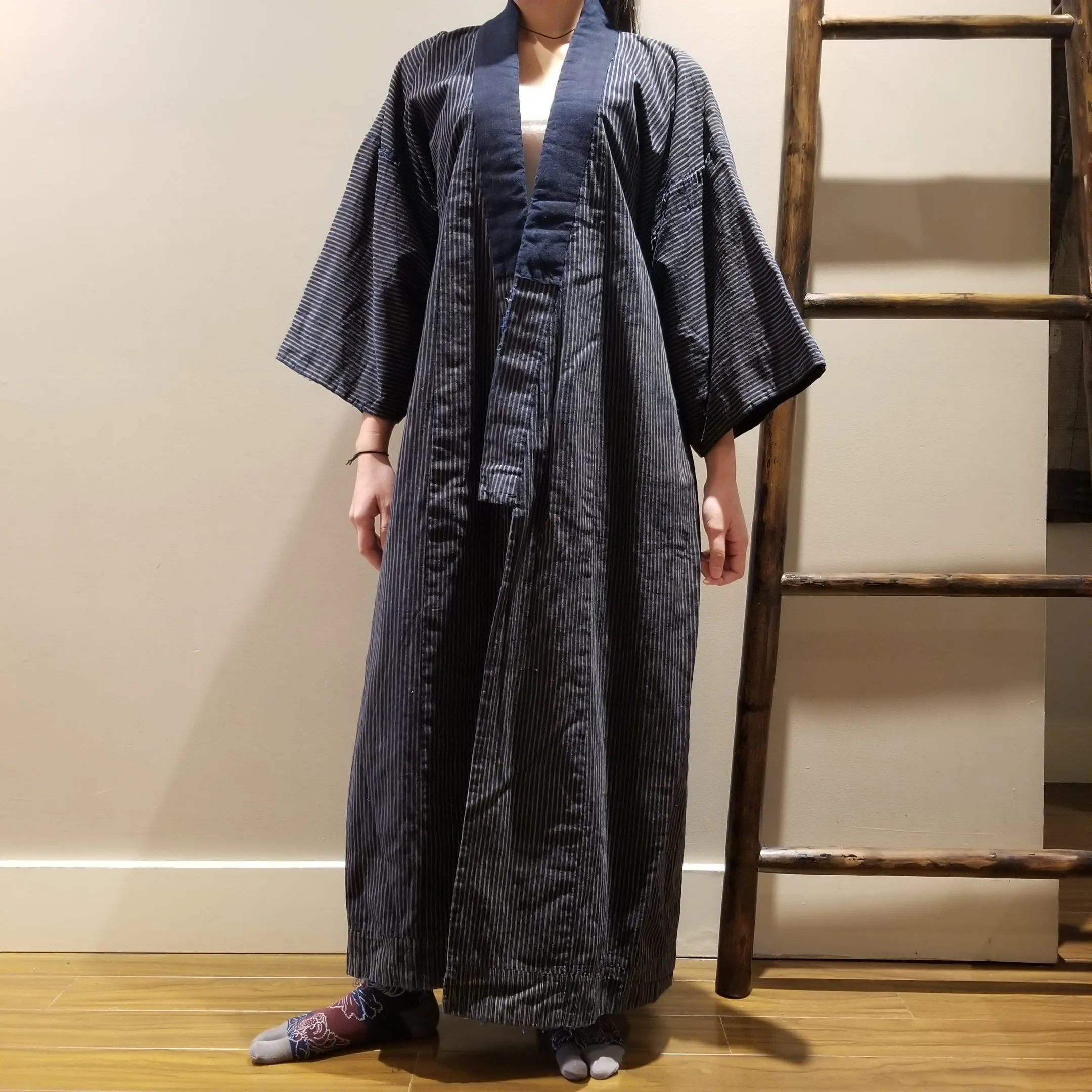 Reversible Indigo Dye Shima Kasuri Kimono Jacket