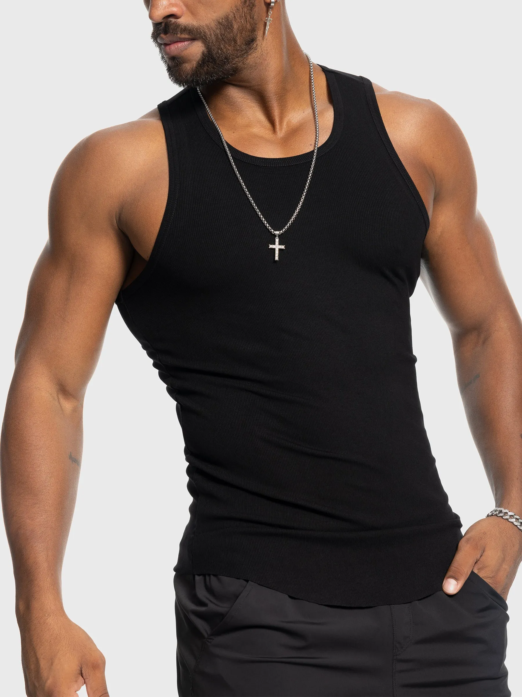 Ribbed Stretch Tank Top Curved Hem