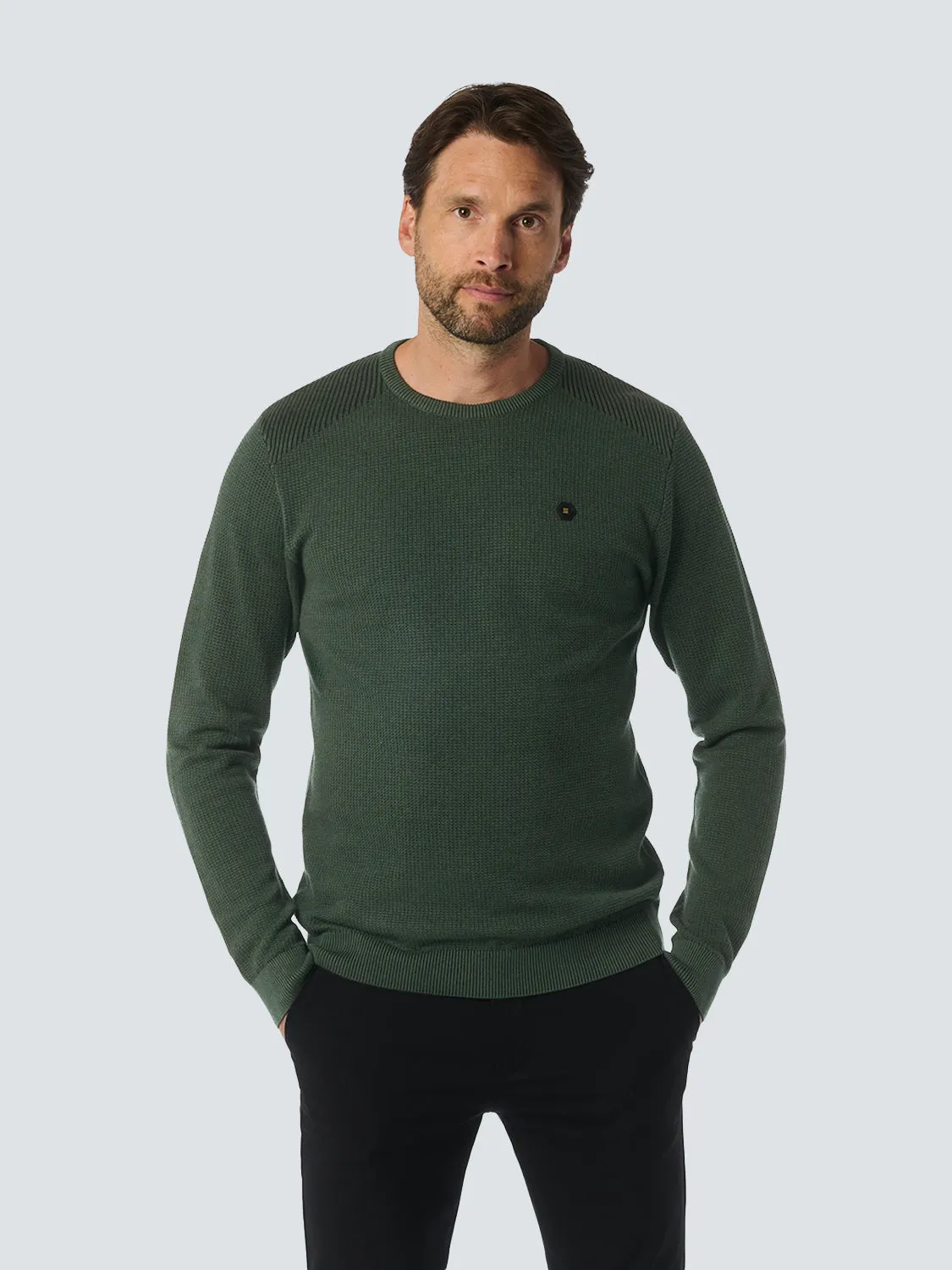 Round Neck Pullover with Refined Two-Tone Jacquard | Dark Green