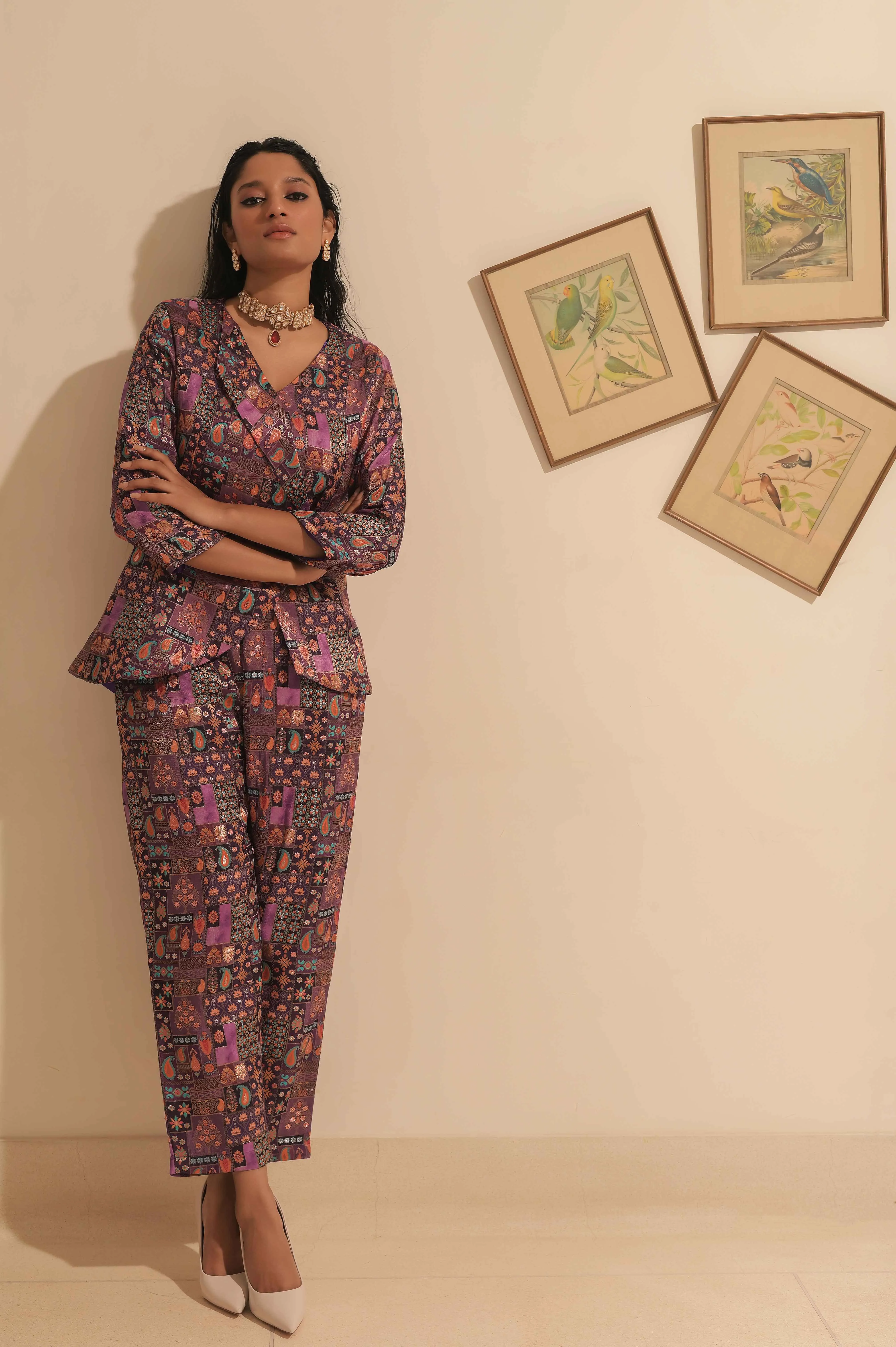 Royal Plum Brocade A-line Blazer with pant