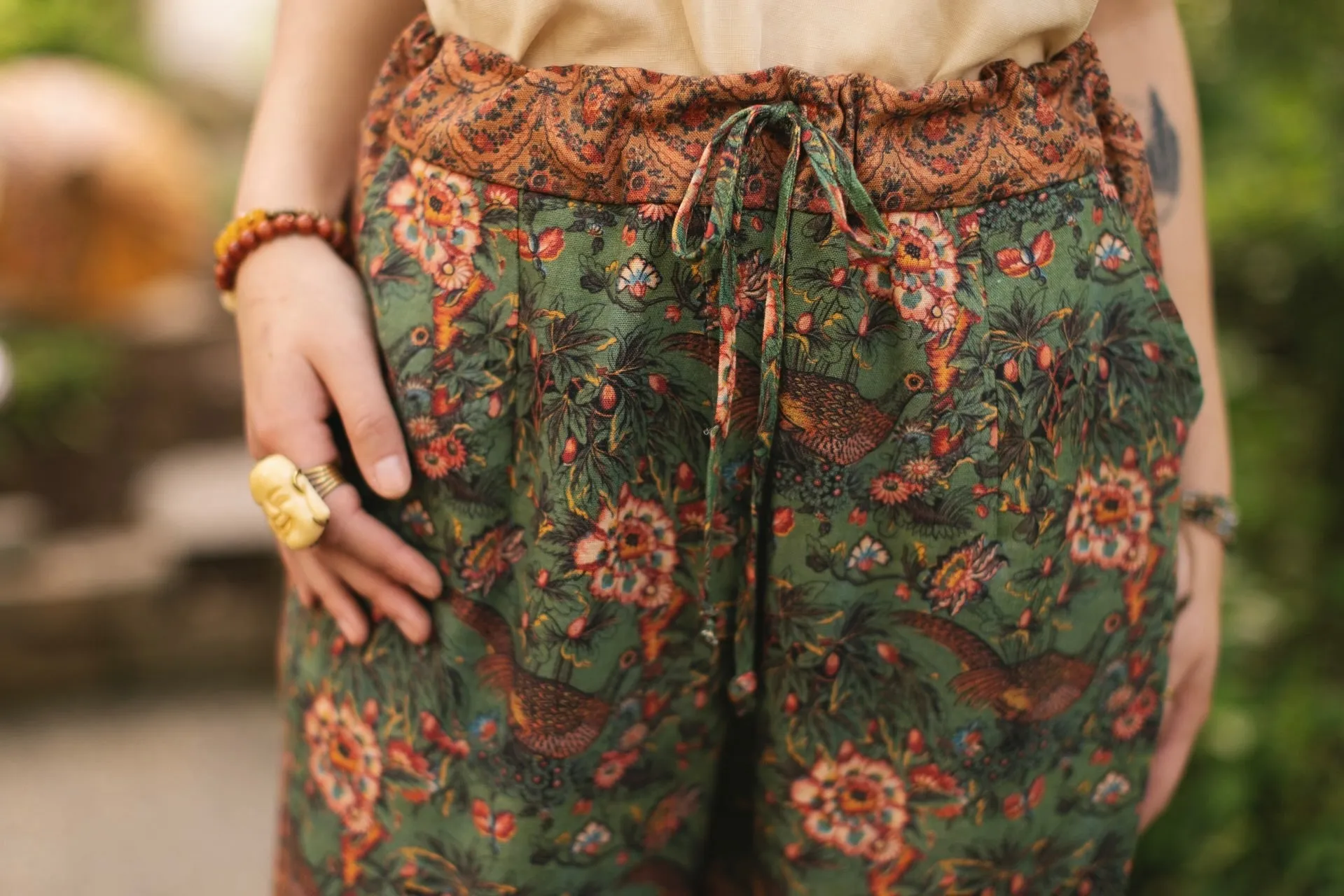 Secret Garden Boho Linen Cropped Printed Artist Pants