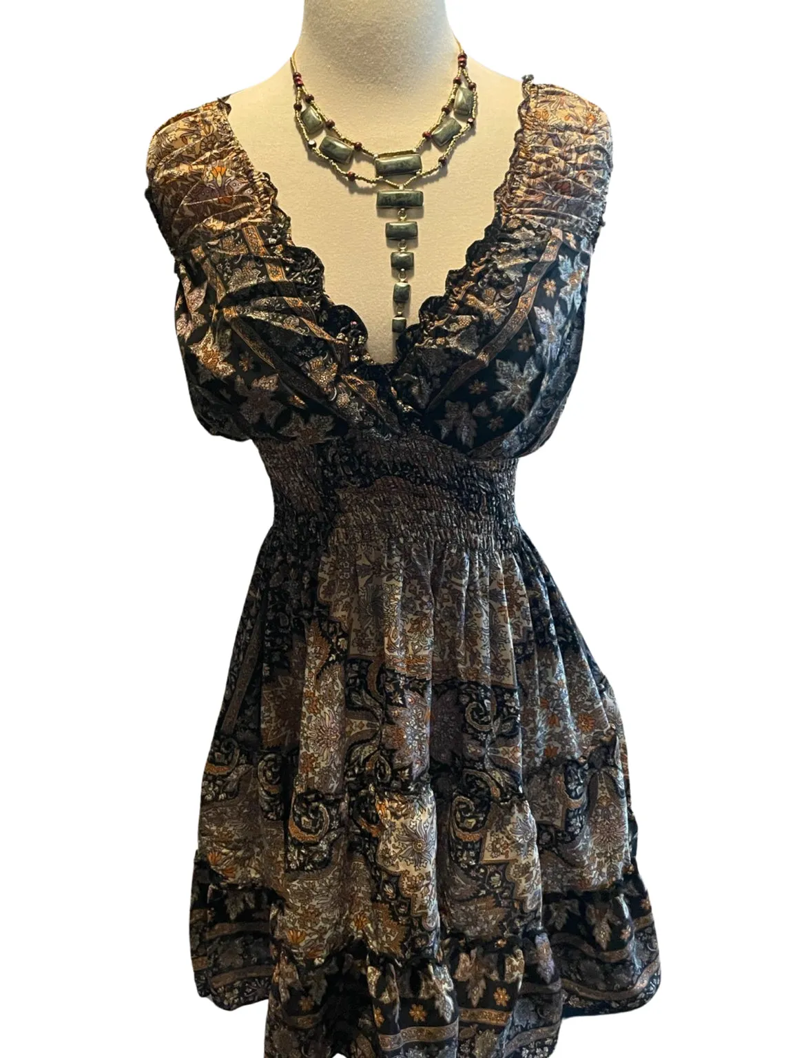 Short boho silk tiered dress (black n brown )