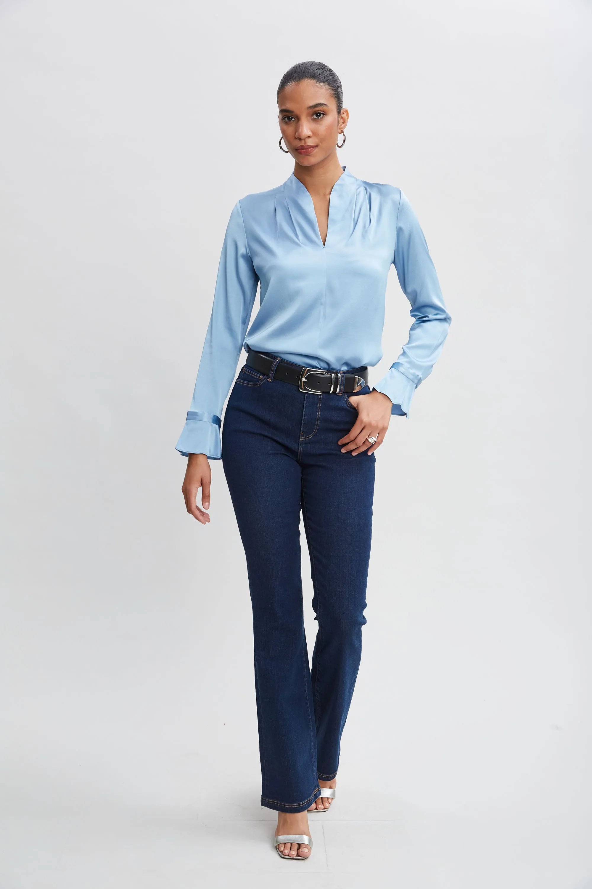 Silk Satin Contour Neck Ruffle Cuff Shirt