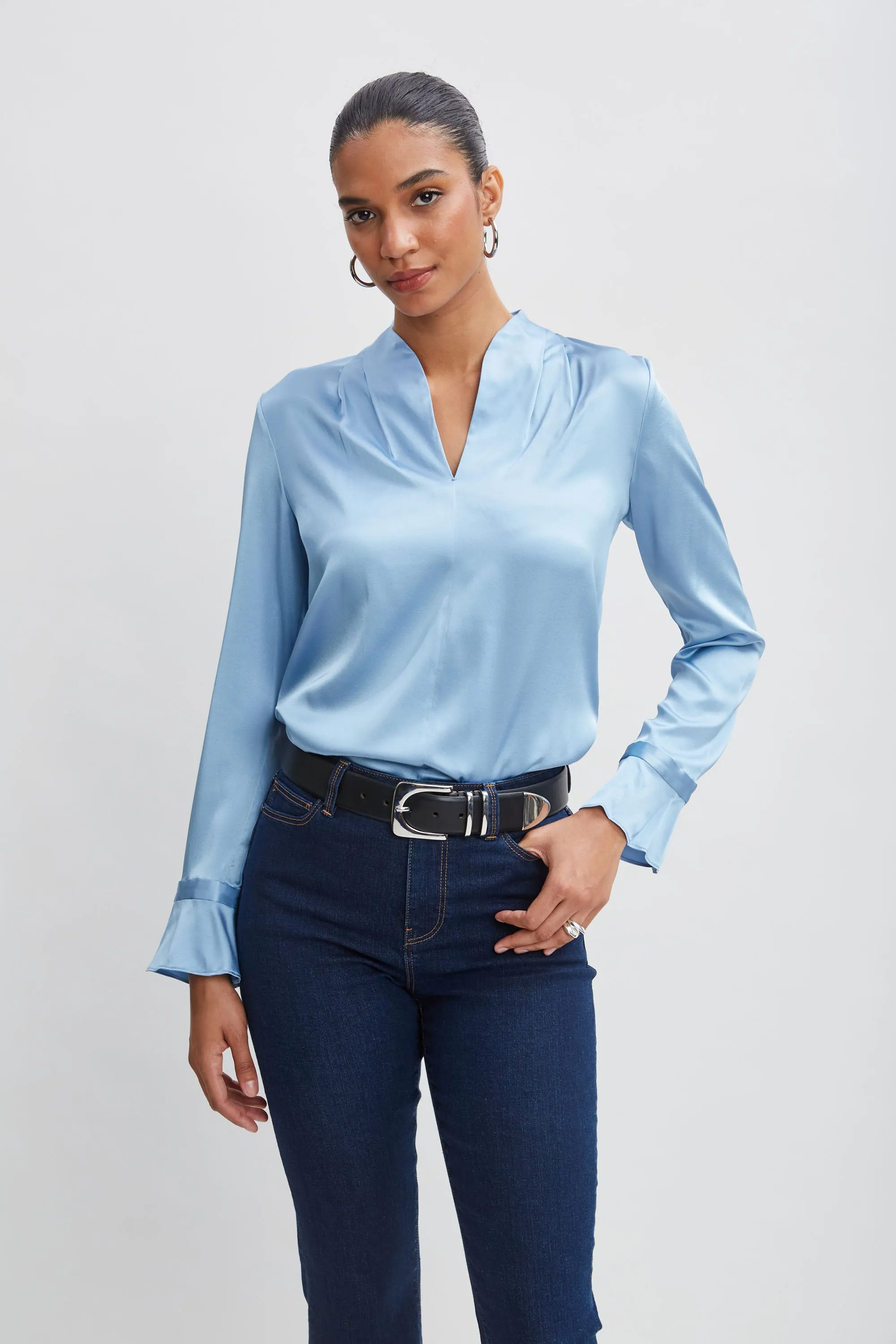 Silk Satin Contour Neck Ruffle Cuff Shirt