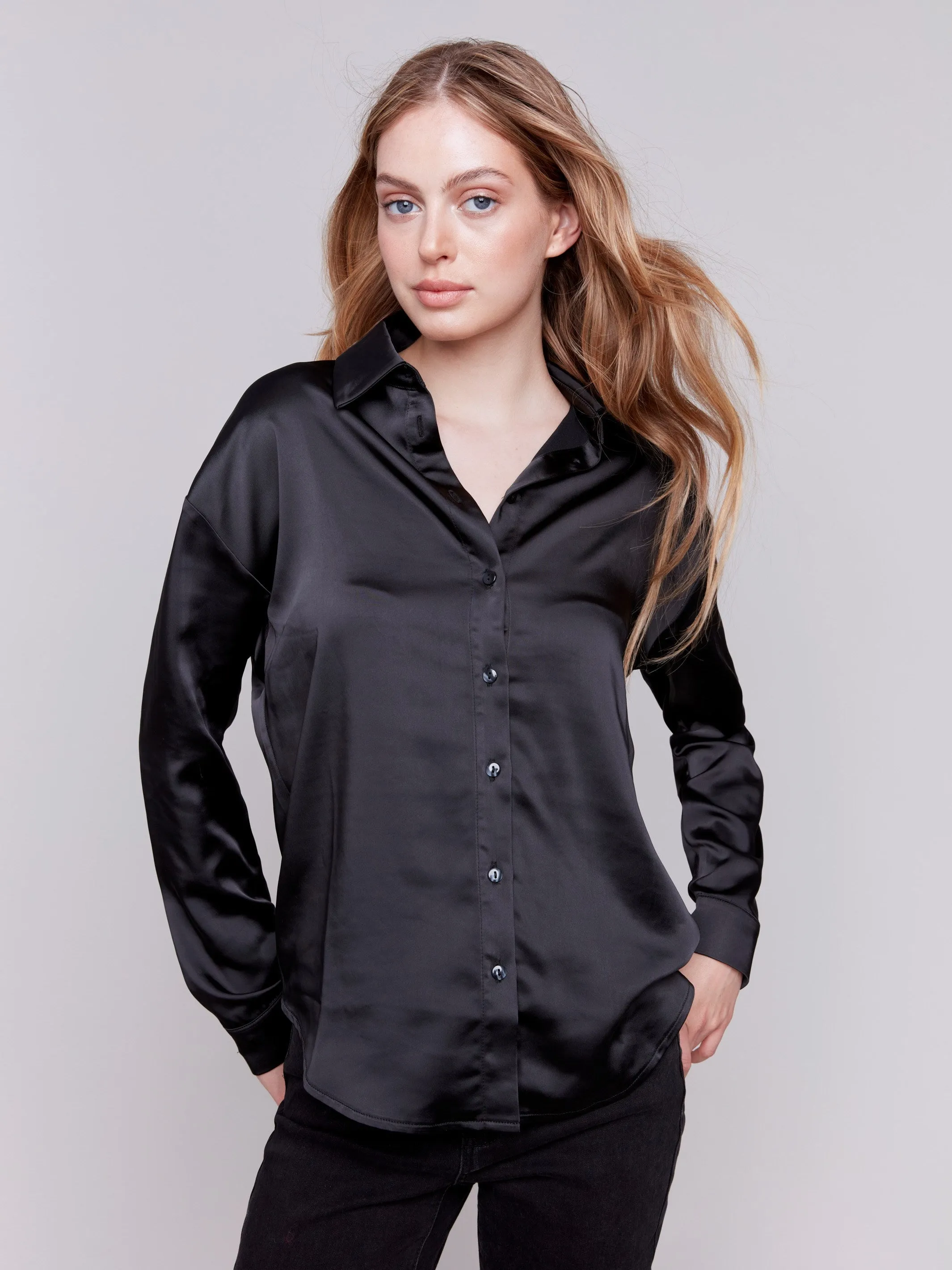 Solid Satin Button-Down Shirt - Black