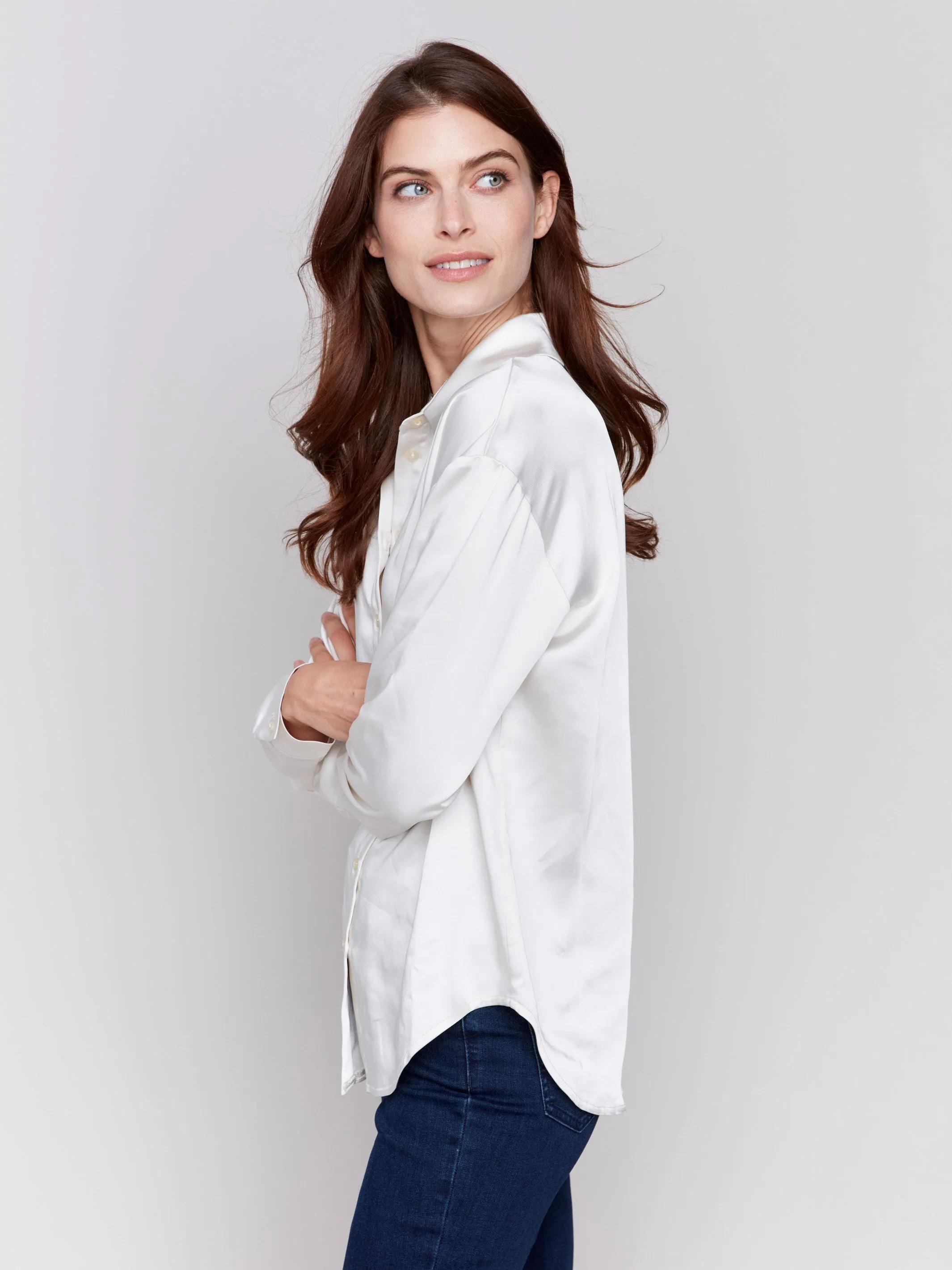 Solid Satin Button-Down Shirt - Ecru