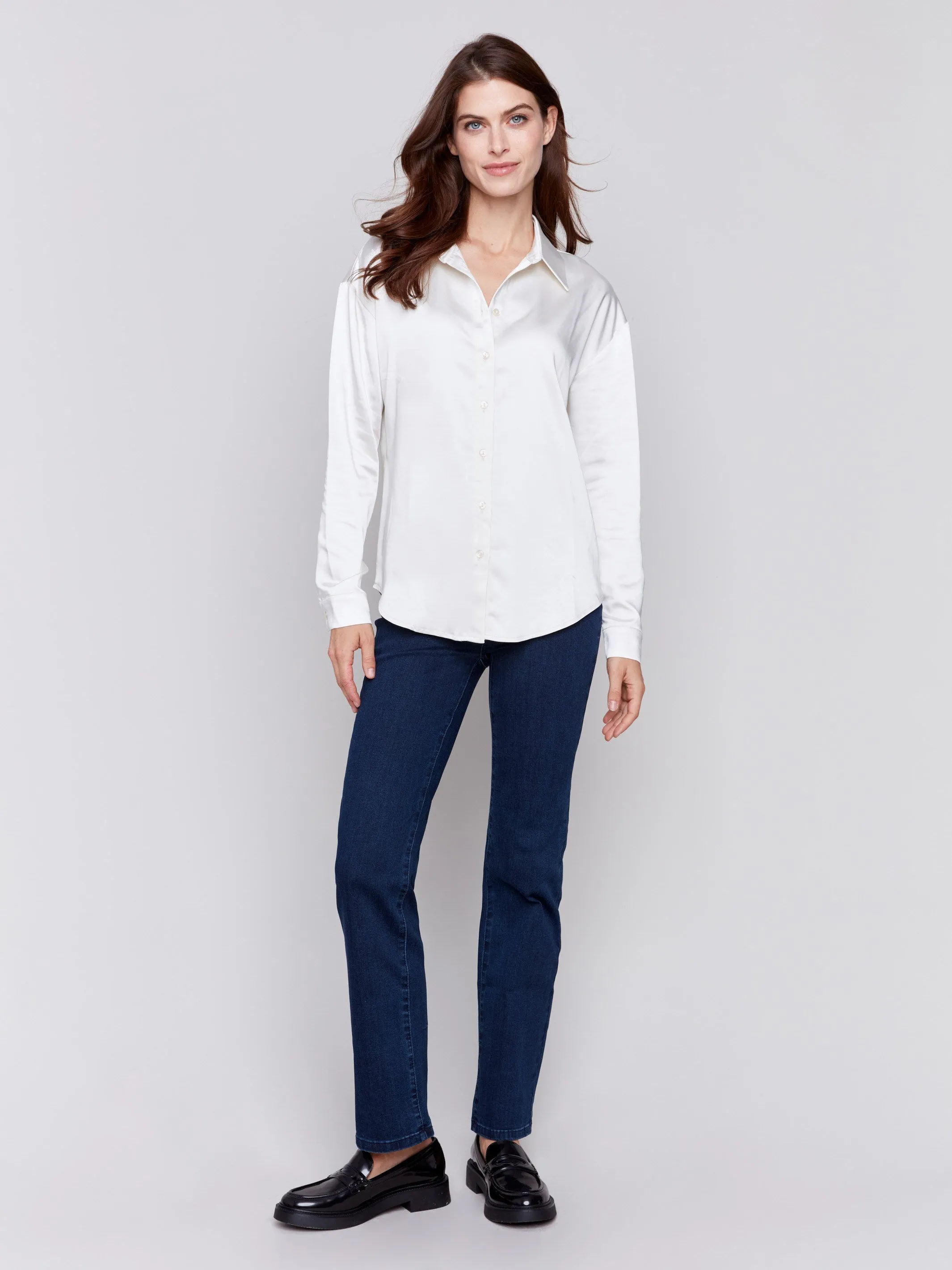 Solid Satin Button-Down Shirt - Ecru