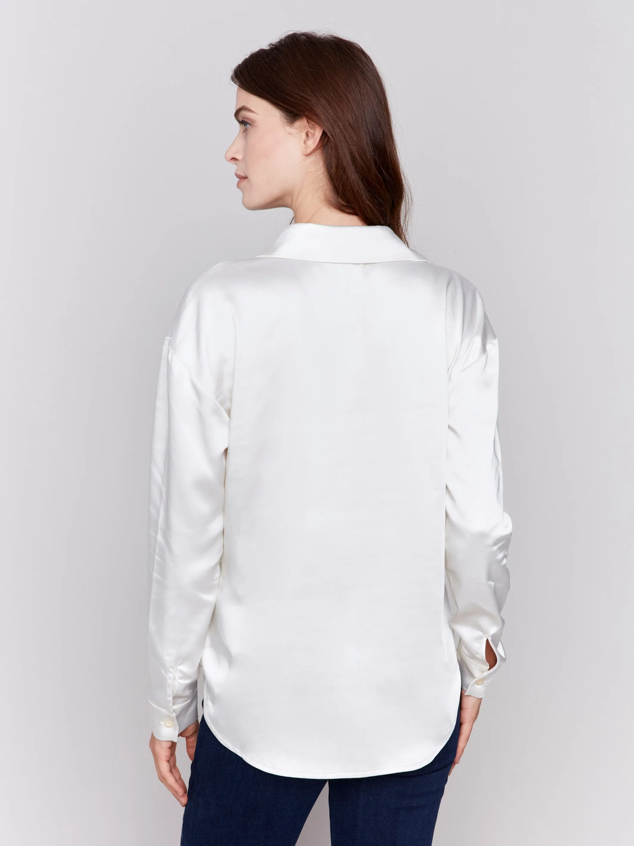 Solid Satin Button-Down Shirt - Ecru