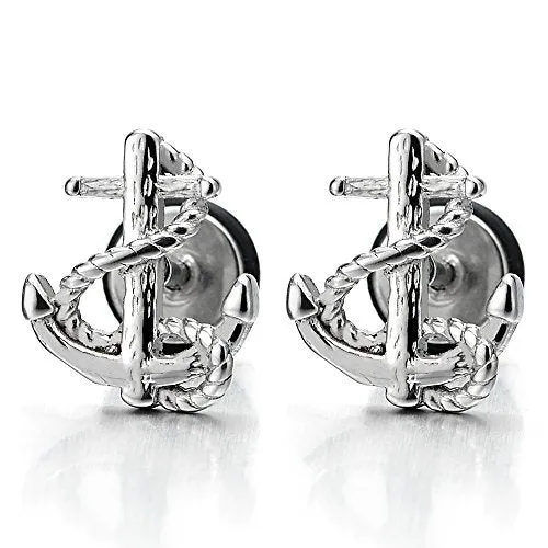 Stainless Steel Mens Women Marine Anchor Stud Earrings, Screw Back, 2 pcs