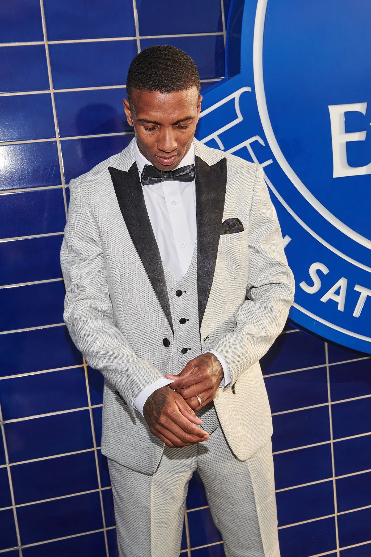 The Everton Collection | Ashley Young In SPENCER Stone Tux Lapel Suit