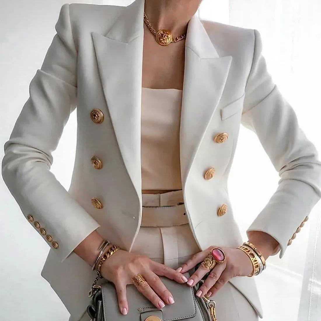 Toleet-Chic Blazer Woman Spring Long Sleeve Double Breatsed Lapel Solid Coat Elegant Casual Jackets Blazers 2024 Office Lady Outwears