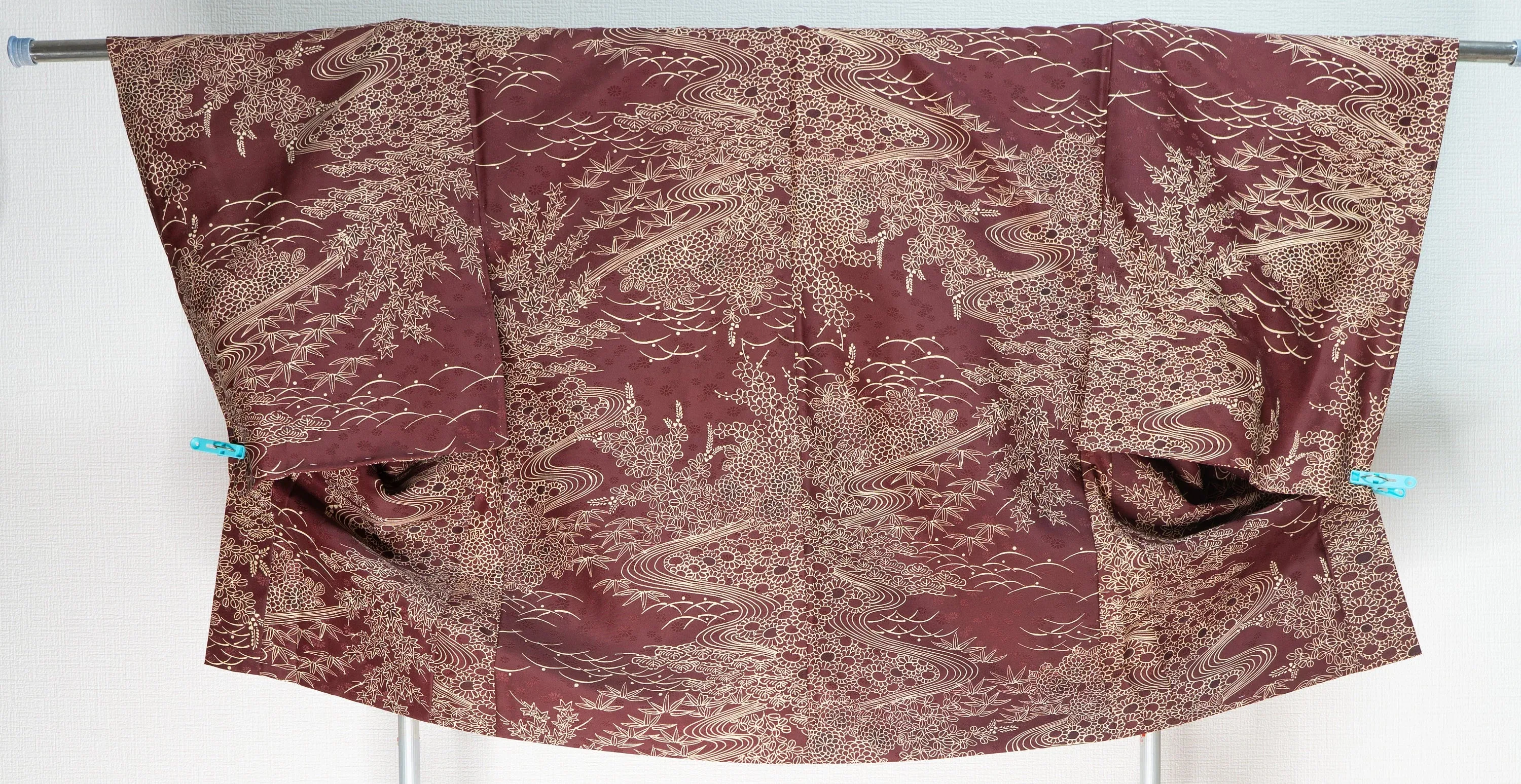 Unused Polyester Haori - Washable Kimono Jacket - Maroon Brown with Intricate Floral Patterns - Leaves Flowers Hills Maple Bamboo