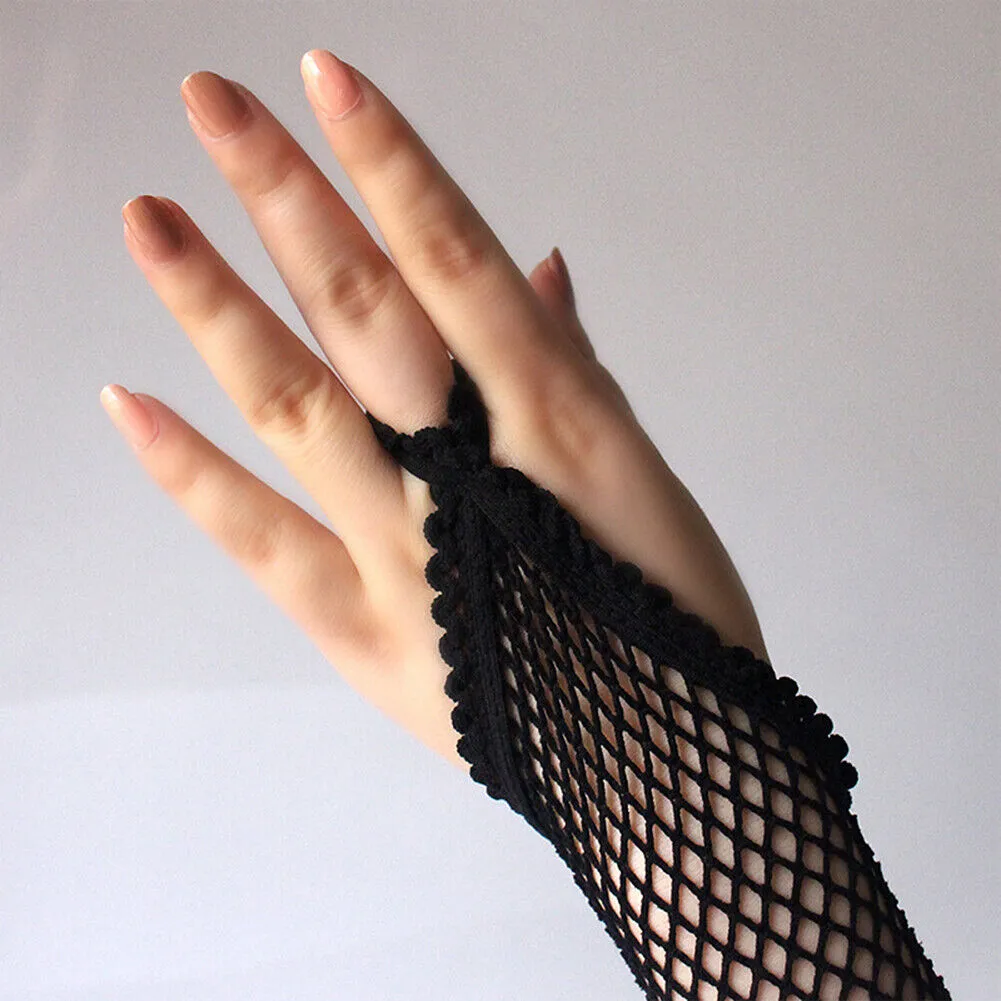 US Women Long Fishnet Gloves Fingerless Loop Gothic Steampunk Haft Arm Length