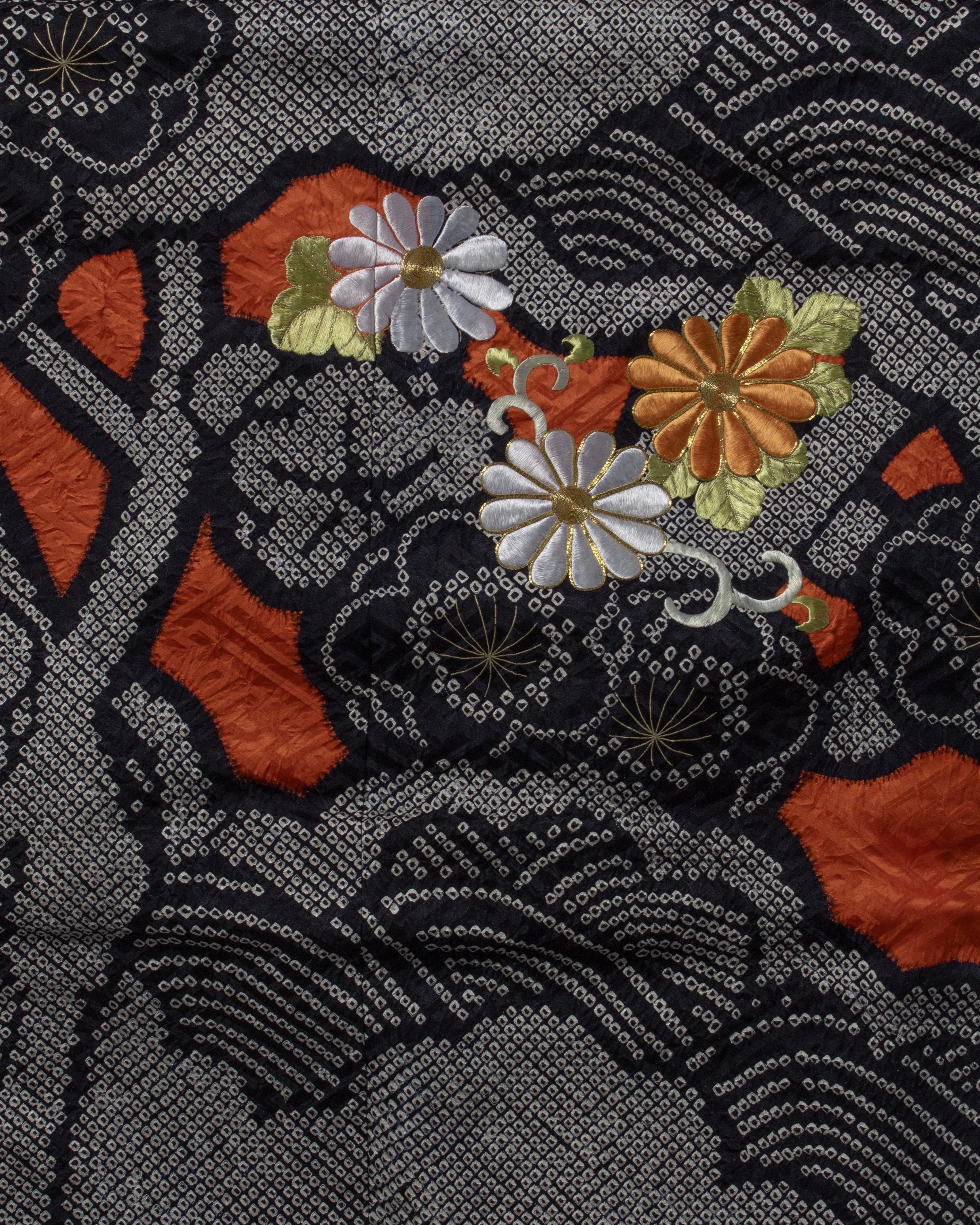 Vintage Furisode Jacket, Full Shibori, Black with White, Orange & White Flowers with Gold Embroidery