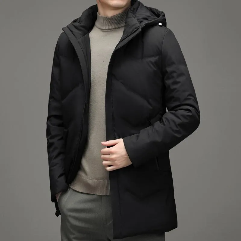 White Duck Down Hooded Thigh-Length Down Coat