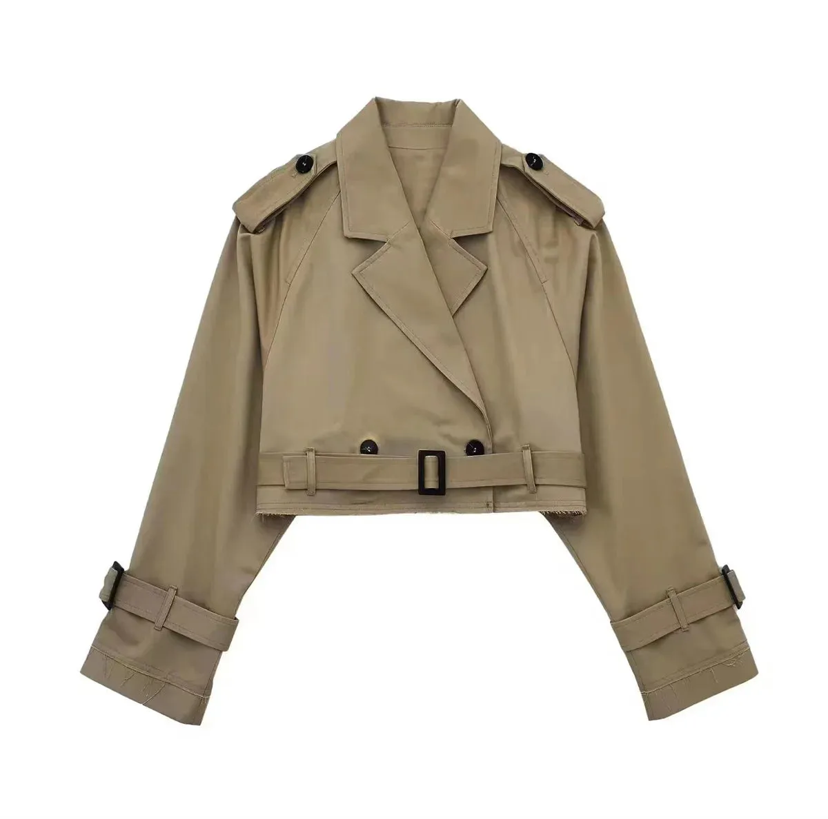 Women Fashion Belt Cropped Coat Long Sleeve Turn Down Collar Short Jacket Vintage Chic Double Breasted Trench Coats Lady Outfit