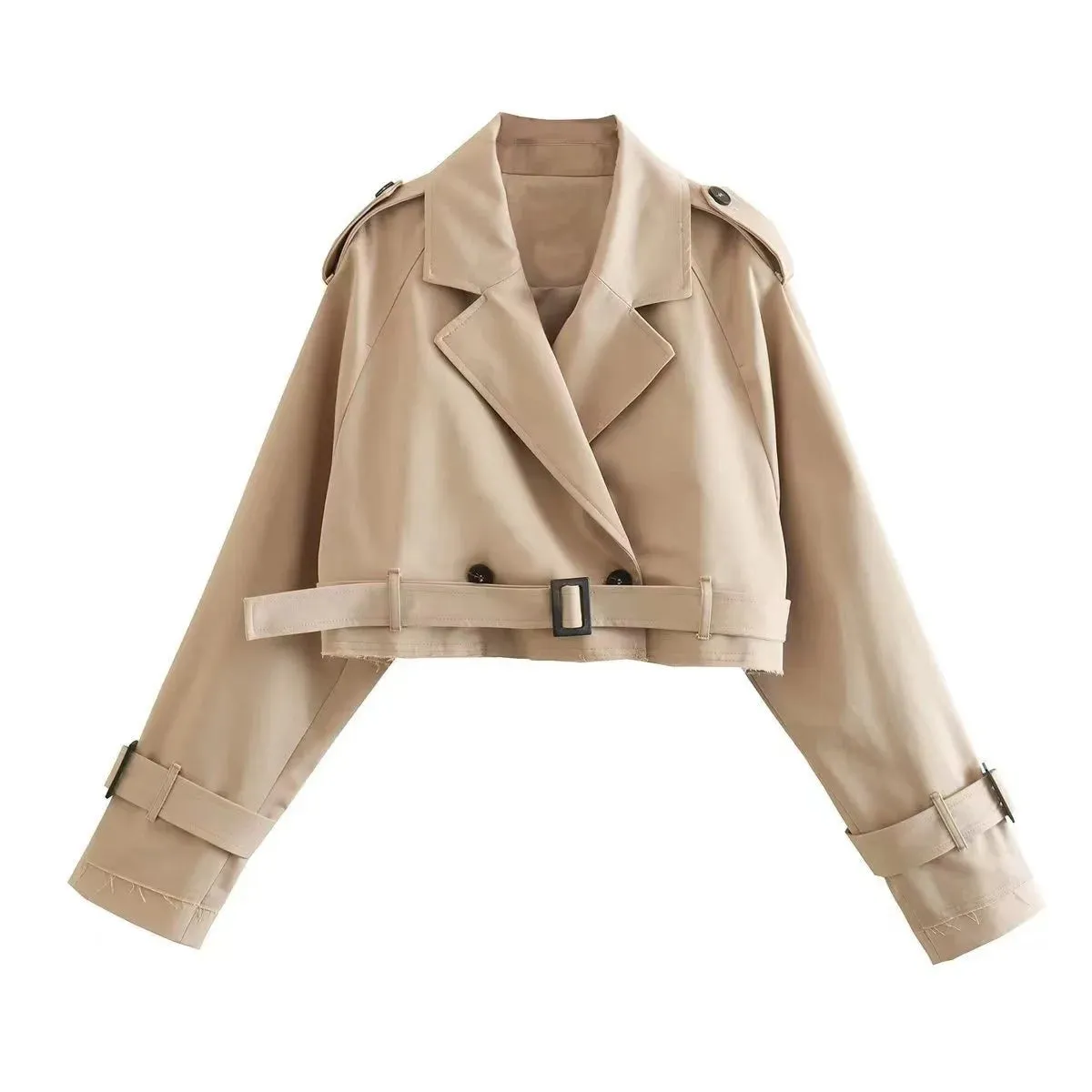 Women Fashion Belt Cropped Coat Long Sleeve Turn Down Collar Short Jacket Vintage Chic Double Breasted Trench Coats Lady Outfit