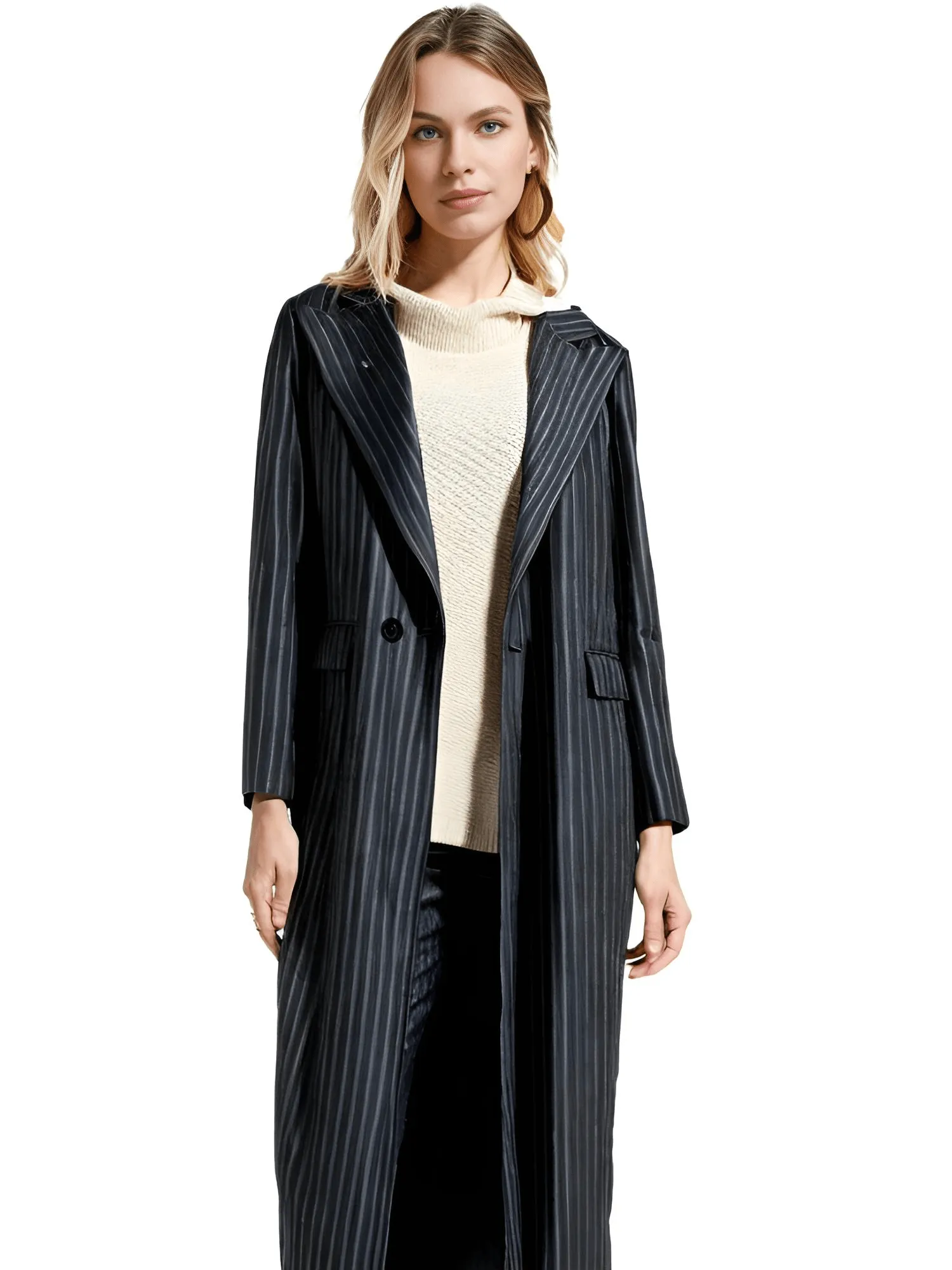 Women's Pin-Striped Coat Woolen Women Fashion Lapel Long Sleeves Loose Oversize Coat Lady Elegant Commuting Street Outerwear