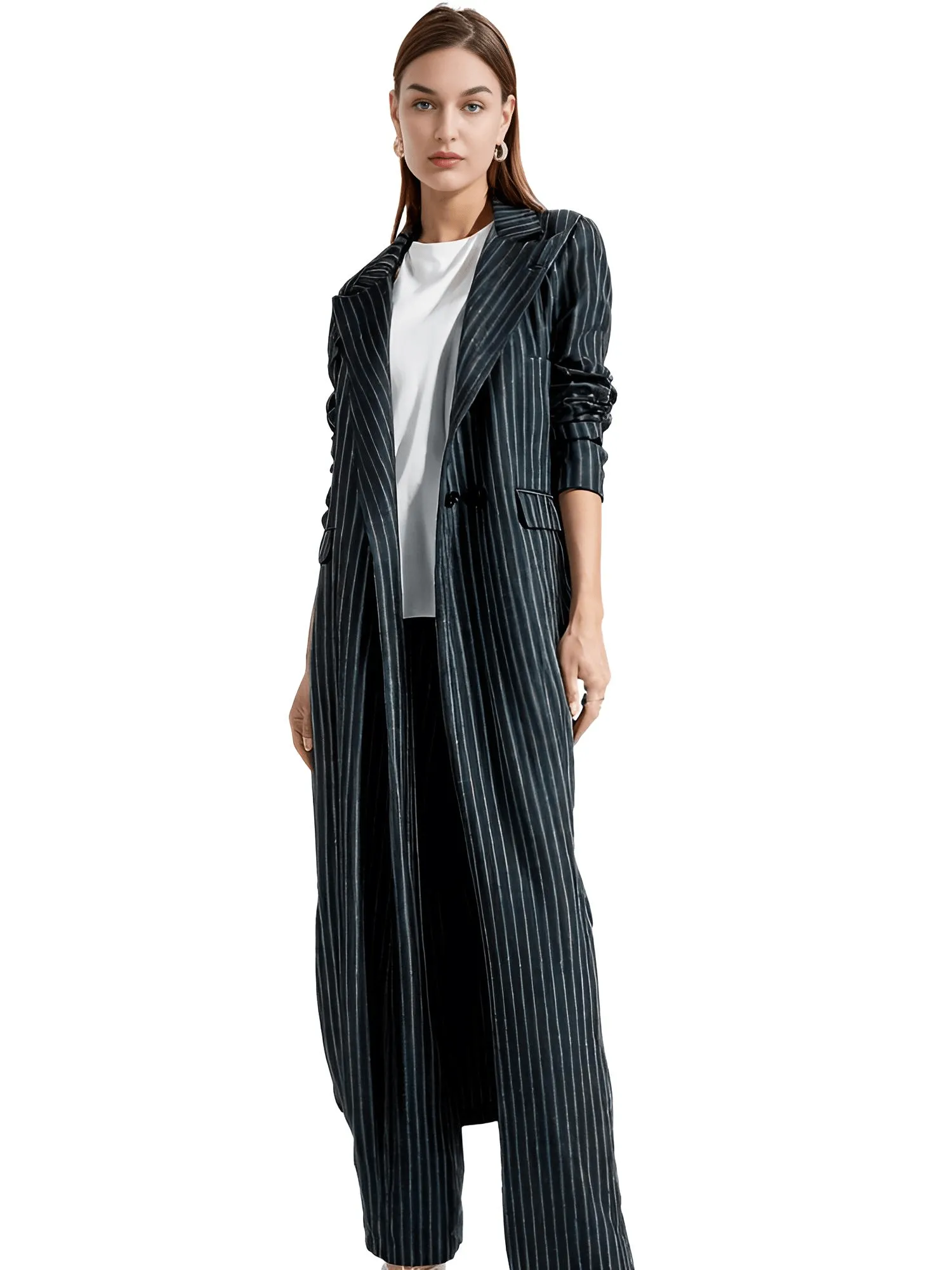 Women's Pin-Striped Coat Woolen Women Fashion Lapel Long Sleeves Loose Oversize Coat Lady Elegant Commuting Street Outerwear